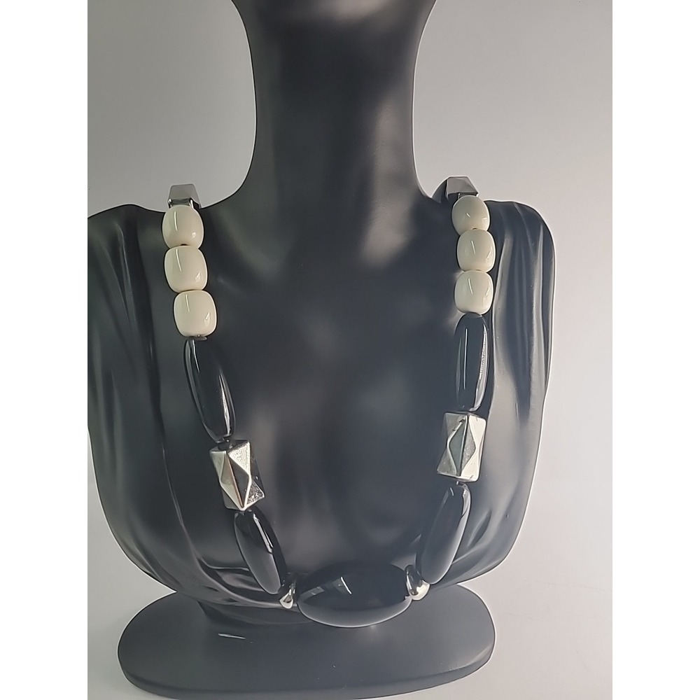 Vintage Black White Beaded Statement Necklace Silver Tone Geometric Spacers